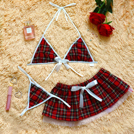 Cosplay Schoolgirl Lingerie Nightdress Student Uniform Bra Sets Sexy Costumes Red Plaid Sexy Outfit Lingerie For Women